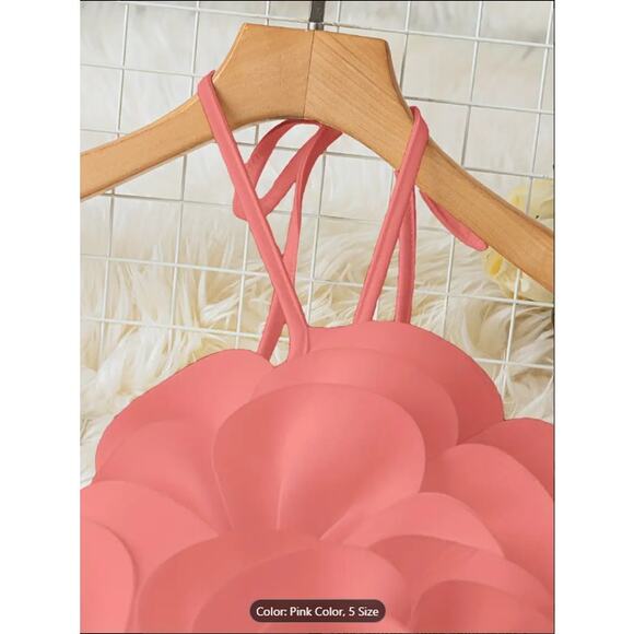 Pink Oversized 3D Flower Halter Crop Top –  Backless Party & Festival Blouse - Picture 5 of 5